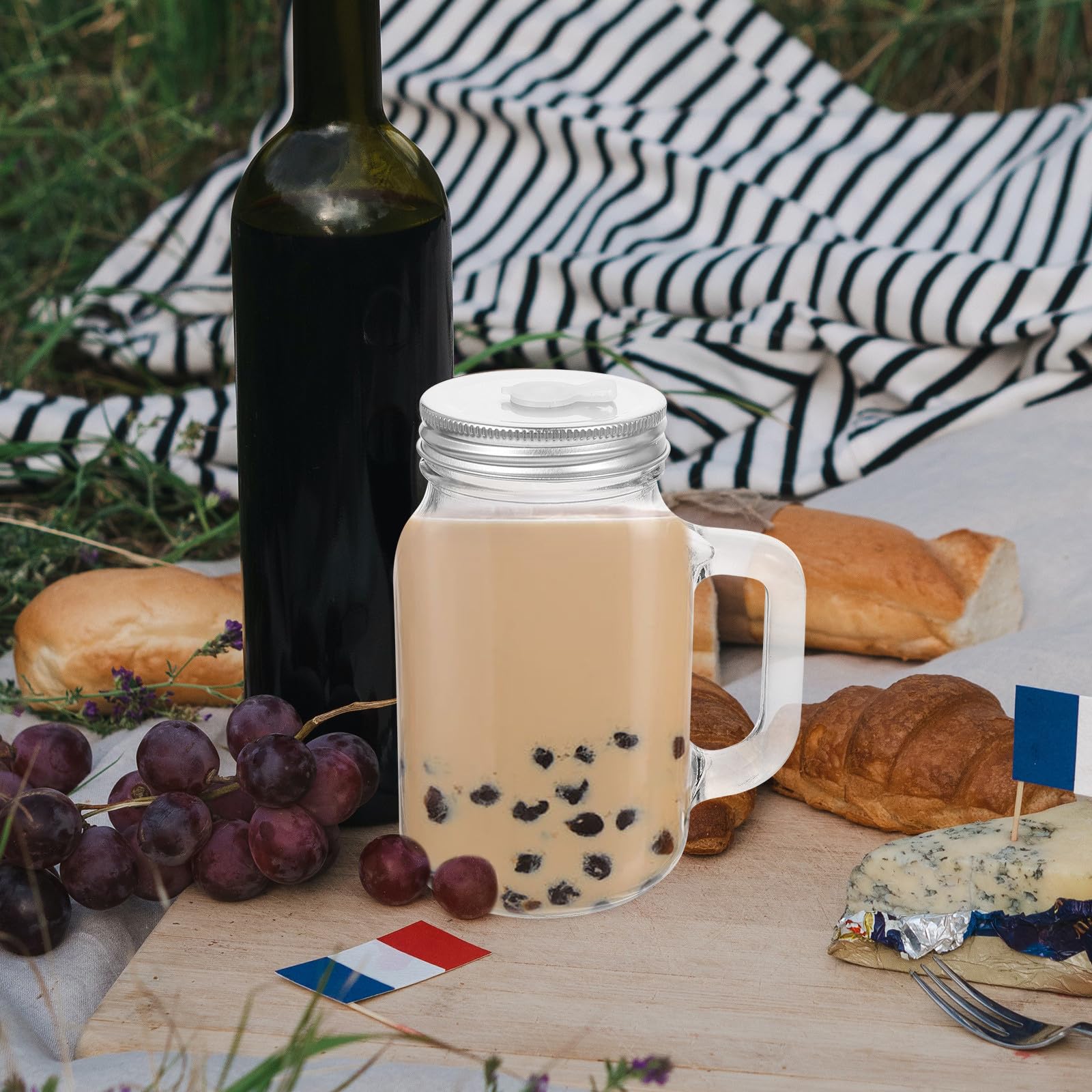 Wiederverwendbare Glasflasche 650ml 2 Stück aus Edelstahl für Getränke | Saft, Milch, Joghurt und Mehr, Flacher Boden, Trinkbecher mit Strohhalm, Transparentes Design