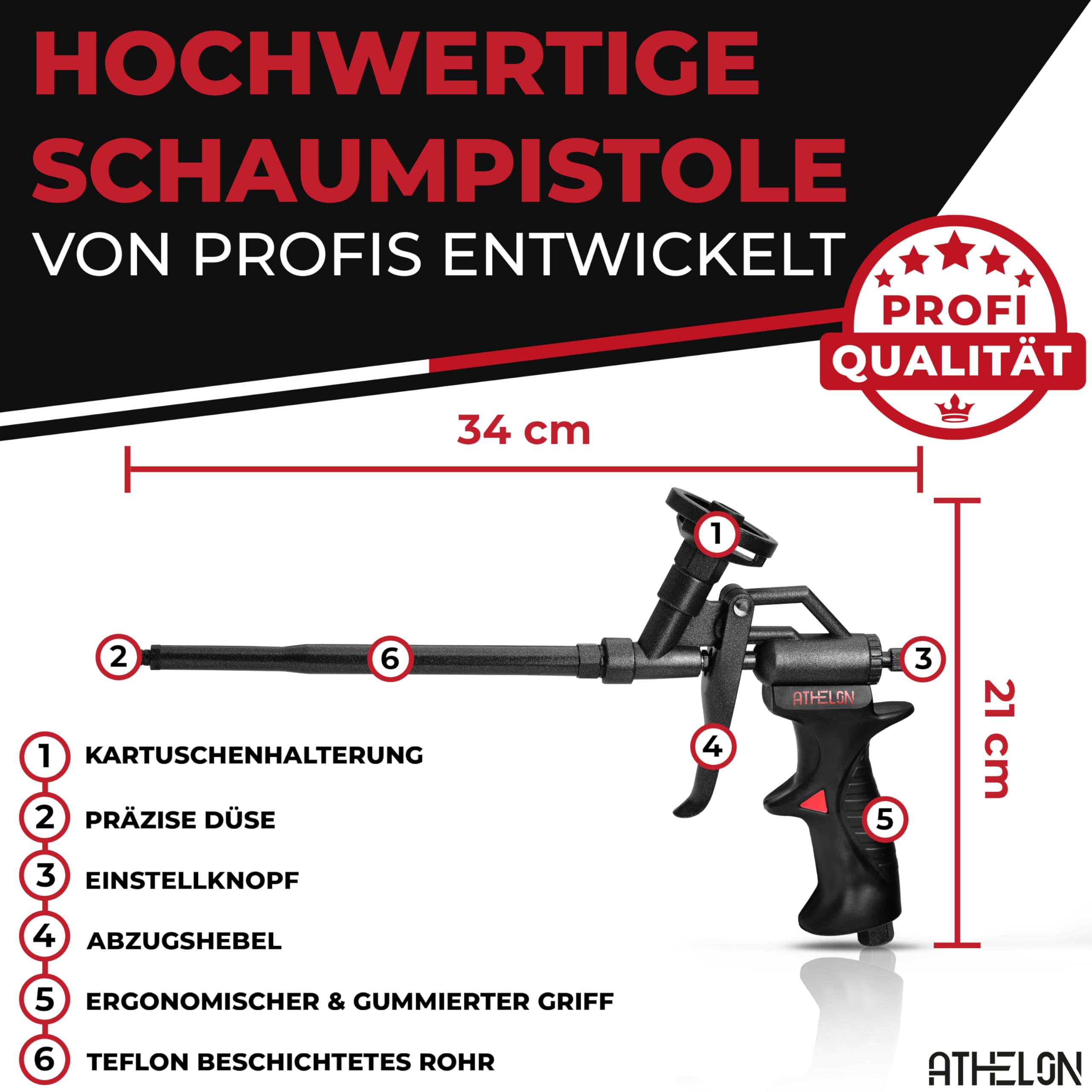 ATHELON® Pistola in schiuma PU – Pistola ergonomica in schiuma con rivestimento in teflon, valvola di dosaggio fine e inserti per un'applicazione precisa e semplice di schiuma di costruzione e schiuma