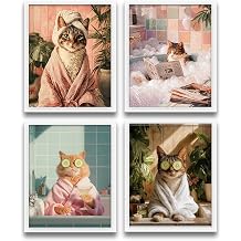 XUNLURY Funny Cat Bathroom Wall Art Prints Unframed Set of 4, Cat Mom Lady Gifts, Whimsical Bathrobe Kitty Artwork Wall Pictures for Bathroom Powder Room Spa Vanity, 8x10