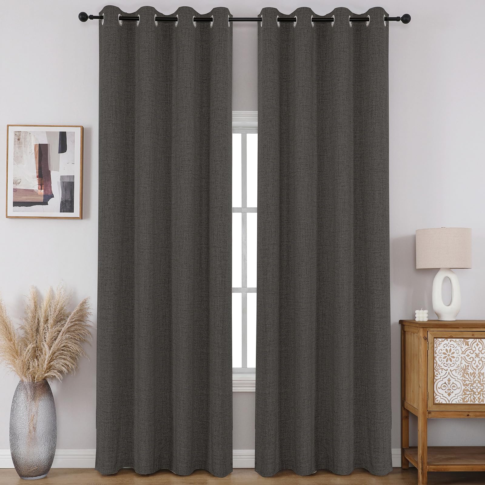 CUCRAF 100% Blackout Window Curtains 96 inches Long 2 Panels Set, Faux Linen Look Thermal Insulated Grommet Drapes, Room Darkening Curtain for Bedroom