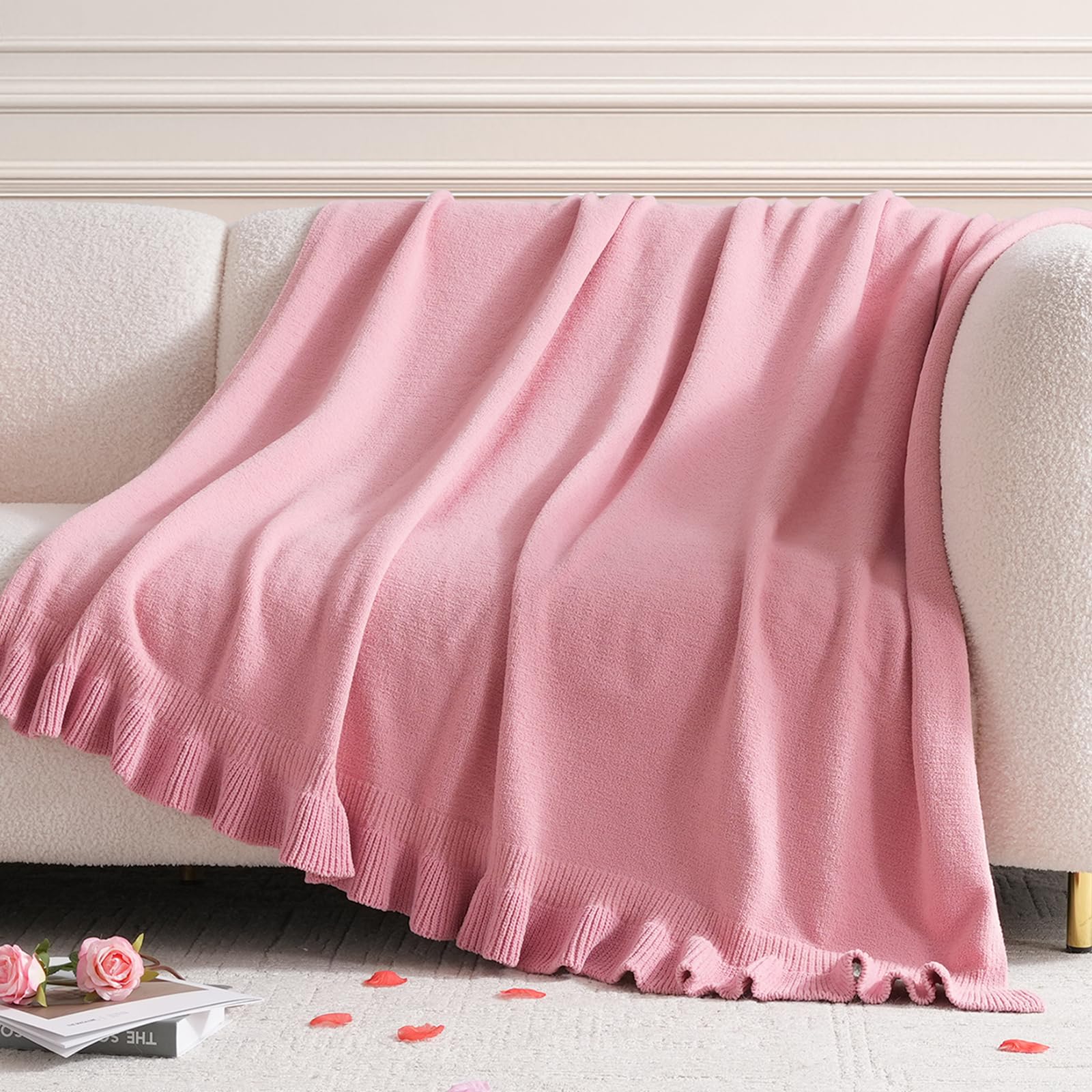 Amélie Home Ultra Soft Ruffle Knit Chenille Throw Blanket for Couch &amp; Bed, Cozy Flowers Blankets for Home Decor, Gifts for Women Mom Sister on Mother's Day Valentine's Day Birthday, 50"x60", Pink