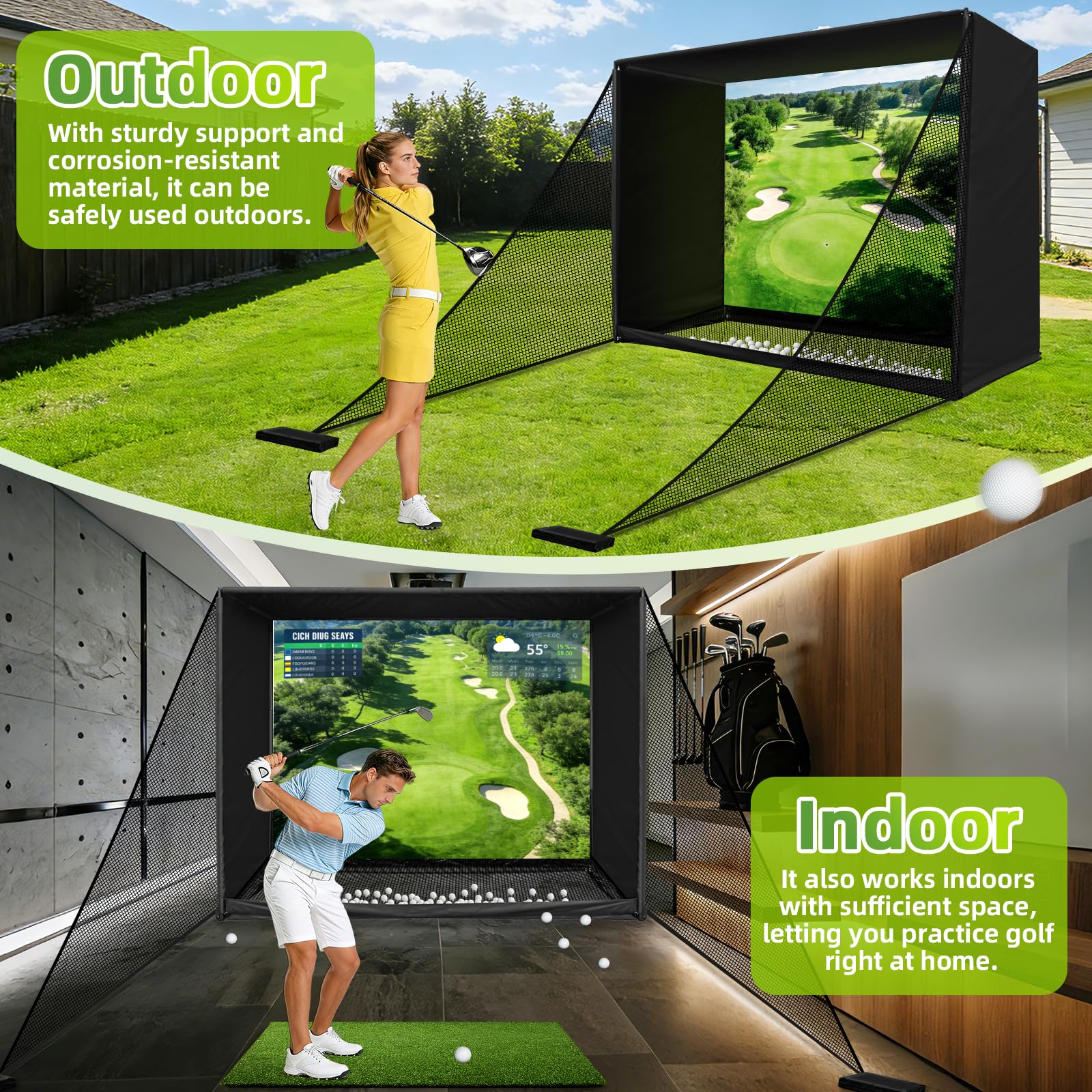 Filet d'entraînement de golf de 3 x 2,4 m avec écran d'impact cible pour simulateur de golf, utilisation intérieure et extérieure, pour l'entraînement au swing et au déchiquetage