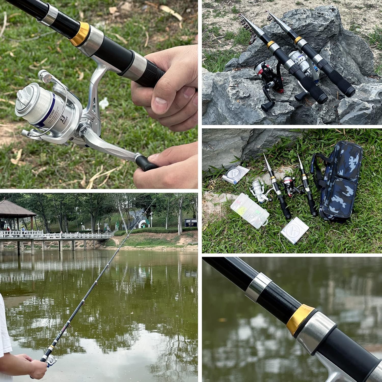 Combo de carrete telescópico para caña de pescar, 2 unidades, 6.89 pies, plegable, carrete giratorio, accesorios con bolsa de pesca, kit de caña de pescar portátil para agua salada, agua dulce, viajes