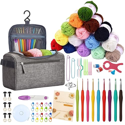 EDCUEBE7 Crochet Kit for Beginners – 18 Yarn Skeins & 9 Ergonomic Crochet Hooks (2.0-6.0 mm), Portable Storage Bag, 80 Pcs Knitting Supplies Starter Set - Grey