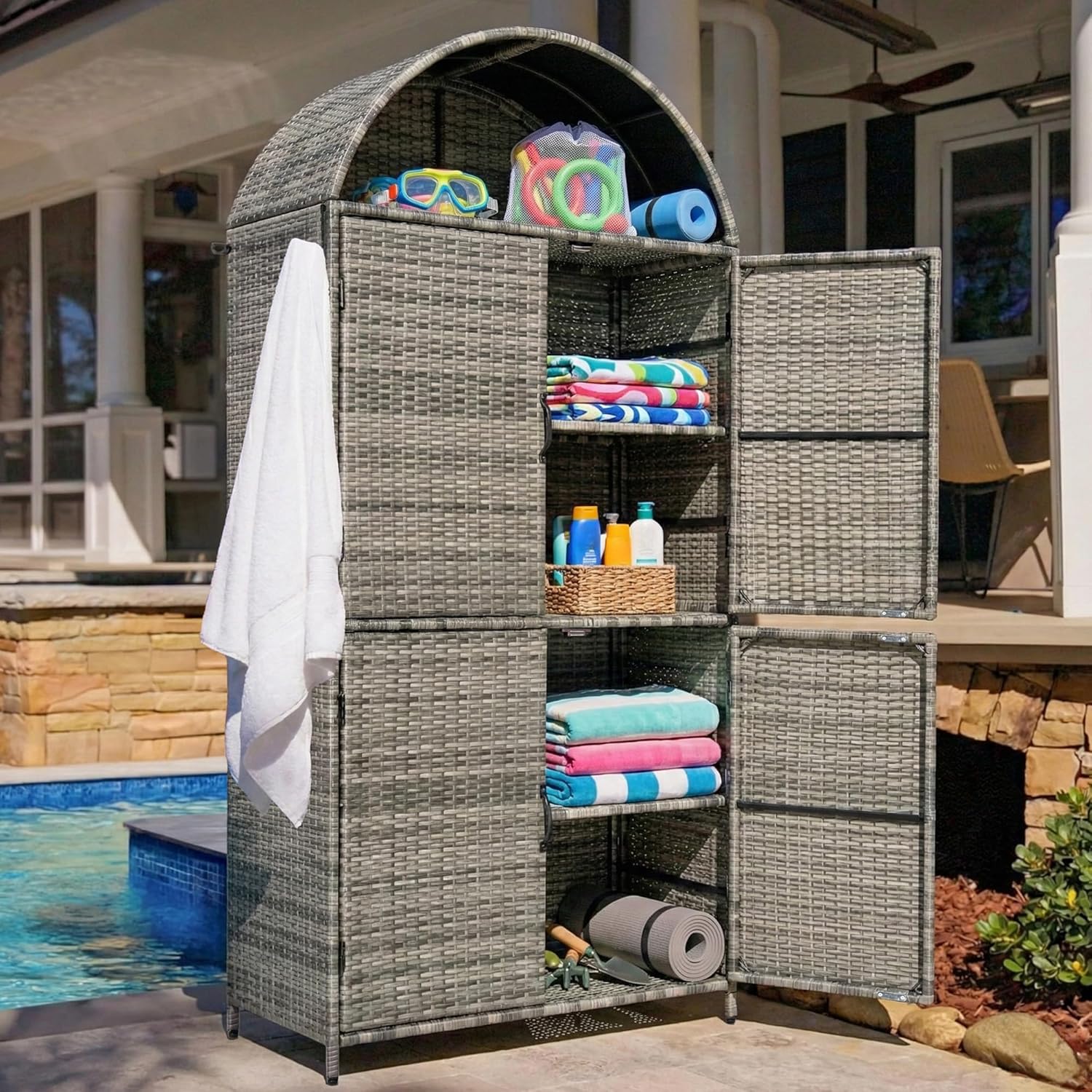 72" Tall Arched Wicker Outdoor Storage Shed with Shelves, 4-Door Rattan Vertical Shed with Adjustable Shelves & Drawer,Towel Holder,for Garden, Backyard, Pool (Grey/R)