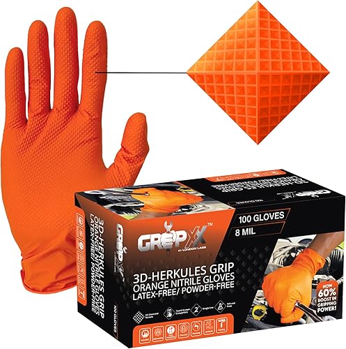 GRIPXX Herkules Grip - Guantes de nitrilo naranja resistentes de 8 mil, textura de diamante elevado 3D, sin látex y polvo, industrial, mecánico