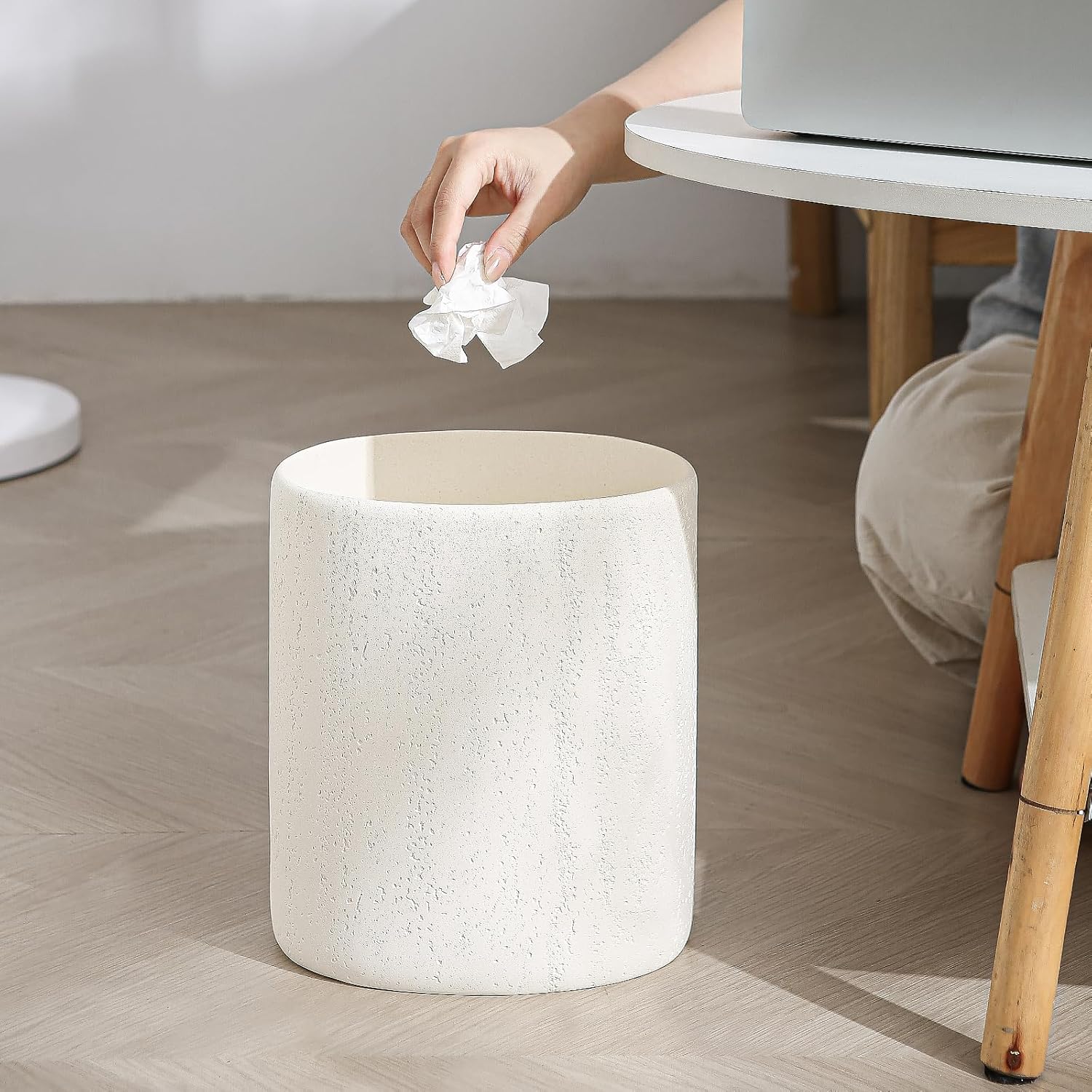 Trash Can, 1.6 Gallon Small Bathroom Trash Can, Simple Oval Stone Look Garbage Bin, Decorative Waste Basket for Kitchen Office, Home Decor, Bedroom, Living Room White