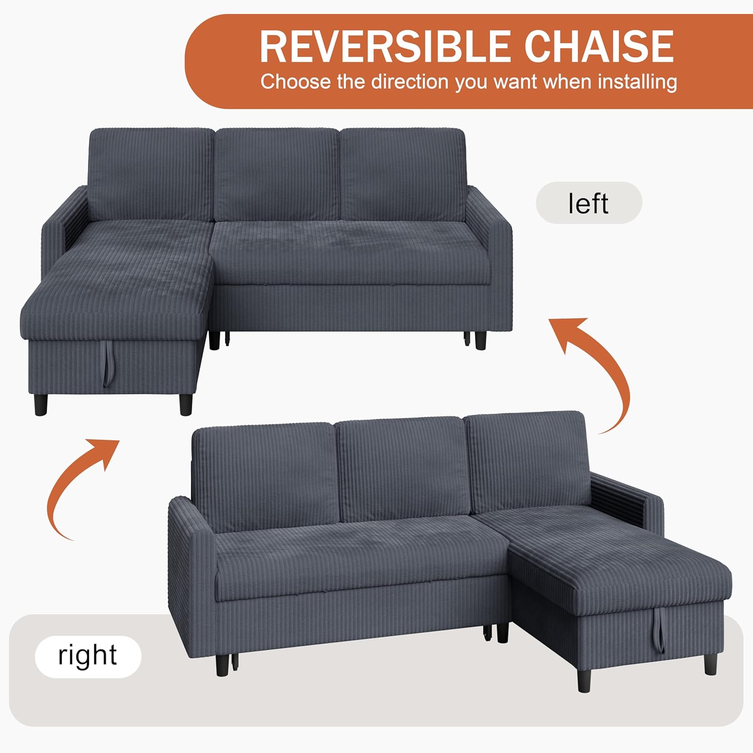 Vongrasig Pull Out Couch, Small Sleeper Sofa with Storage, 77" L Shaped Convertible Sofa Bed with Corduroy Fabric for Small Living Room, Apartment, Dark Grey