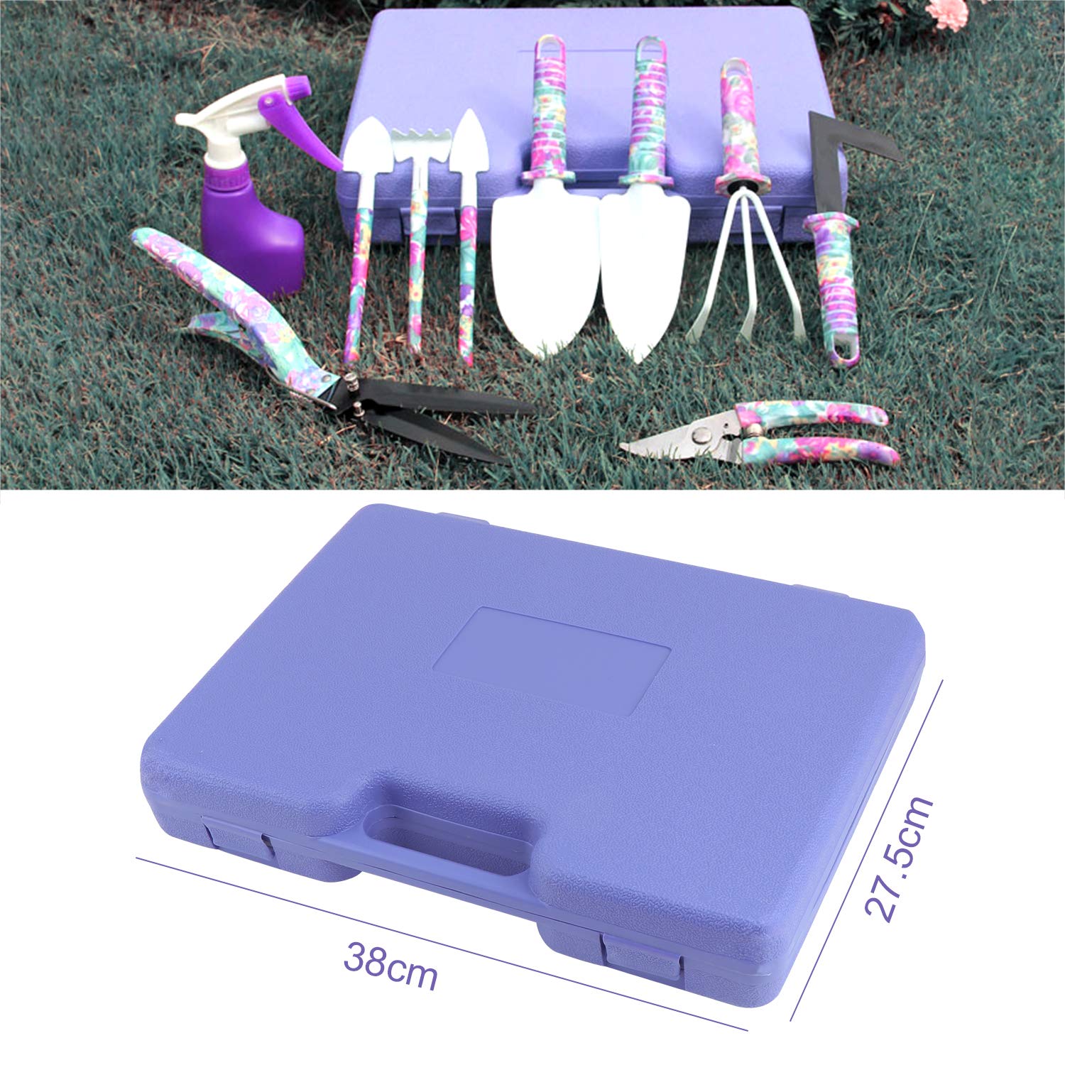 Coolty Gartengeräte Set, 10 Stück Gartenhandwerkzeuge mit lila Blumendruck Ergonomischer Griff Schaufel Spaten Rechen Egge Kelle Gartenschere Sprayer mit Tragetasche Gartengeschenke