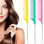 Leinuosen 3 Packs Rat Tail Comb Steel Pin Rat Tail Carbon Fiber Heat Resistant Teasing Combs with Stainless Steel Pintail (Yellow, Pink, Green)