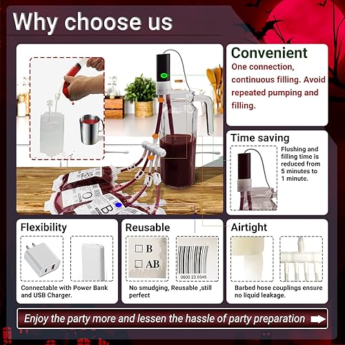 Miniatura 4 de JILIER Bolsas de sangre de Halloween para llenar bebidas con bomba, 50 bolsas intravenosas para decoraciones de fiesta de Halloween, bolsa de bebida