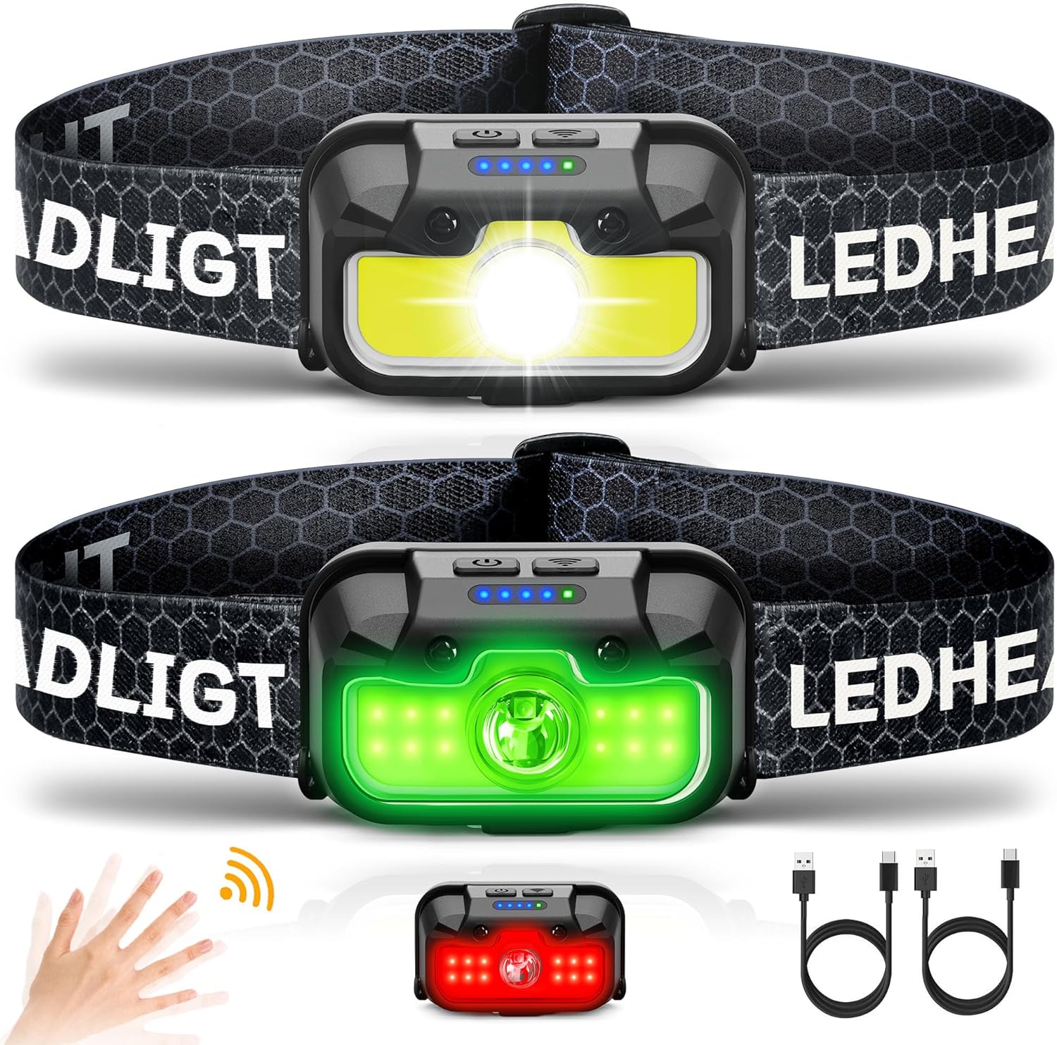 Headlamp Rechargeable 2 Pack, 1300 Lumen Ultra-Bright Head Lamp with Red Light, Waterproof Motion Sensor Head Lights for Forehead with White Green, 14 Modes Adjustable Headlight for Camping Headlamp Rechargeable 2 Pack, 1300 Lumen Ultra-Bright Head Lamp with Red Light, Waterproof Motion Sensor Head Lights for Forehead with White Green, 14 Modes Adjustable Headlight for Camping