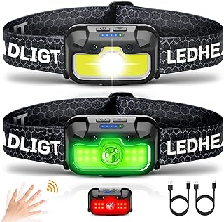 HOKOILN HOKOILN 2-Pack LED Headlamp Rechargeable with Green & Red Light -1300 Lumen Ultra-Bright Flashlight for Camping, Running, Hiking, Fishing - Waterproof Motion Sensor Headlight with 7 Modes