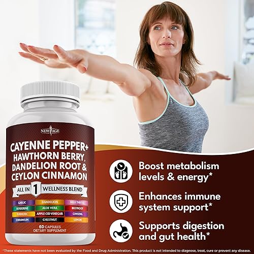 Miniatura 4 de NEW AGE Suplemento de cápsulas de pimienta de cayena con bayas de espino, raíz de diente de león, canela de Ceilán, ajo, jengibre, ACV, cardo