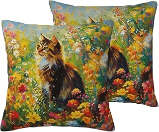 Cute Fluffy Cat Decorative Throw Pillow Covers Lively Longhair Kitty Couch Pillow Covers Sets of 2 Pillowcases Soft Curious Cats Cushion Cover for Home Sofa Cushion Living Room Decor 18x18