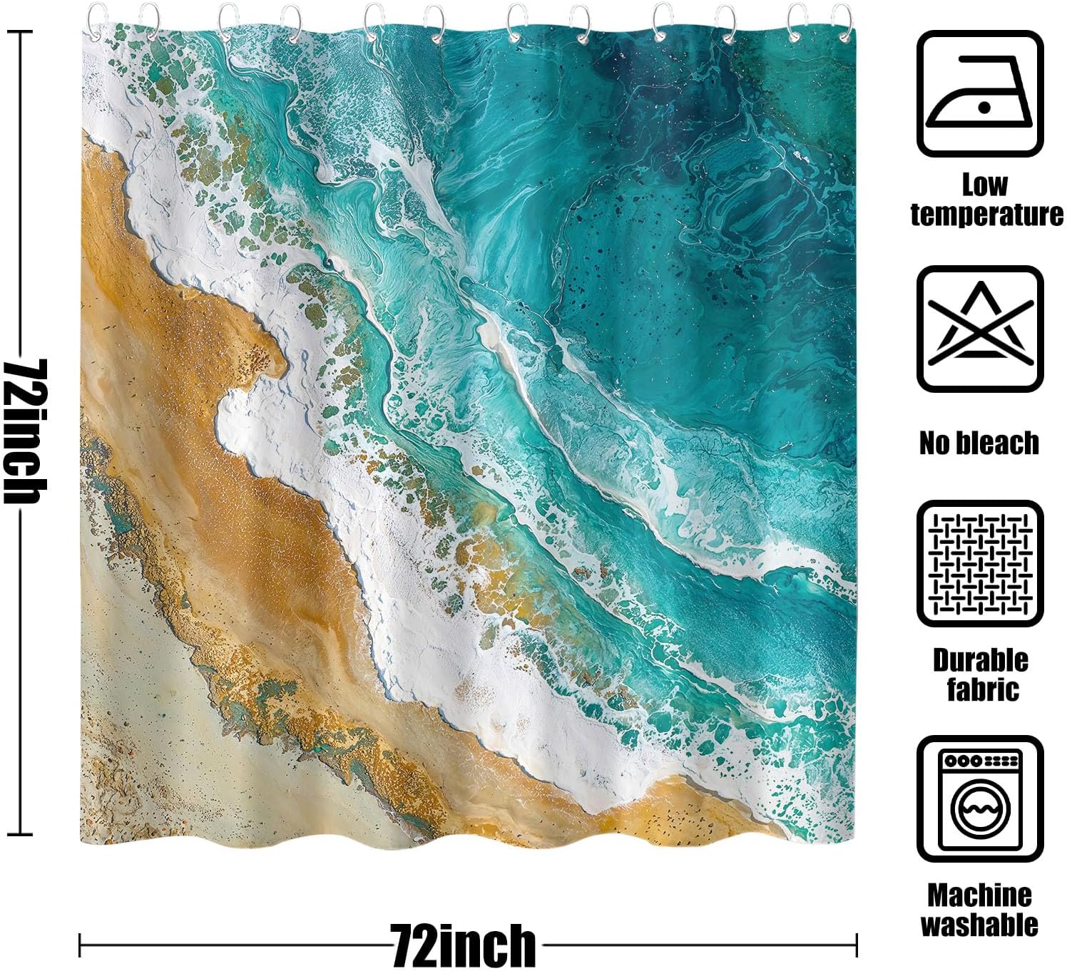 Rexful Beach Shower Curtain Sets Turquoise Seafoam Sand Beach Shower Curtains for Bathroom Aerial View Blue Coastal Decor Waterproof Fabric 72 x 72 inch with 12 Hooks (Blue2)