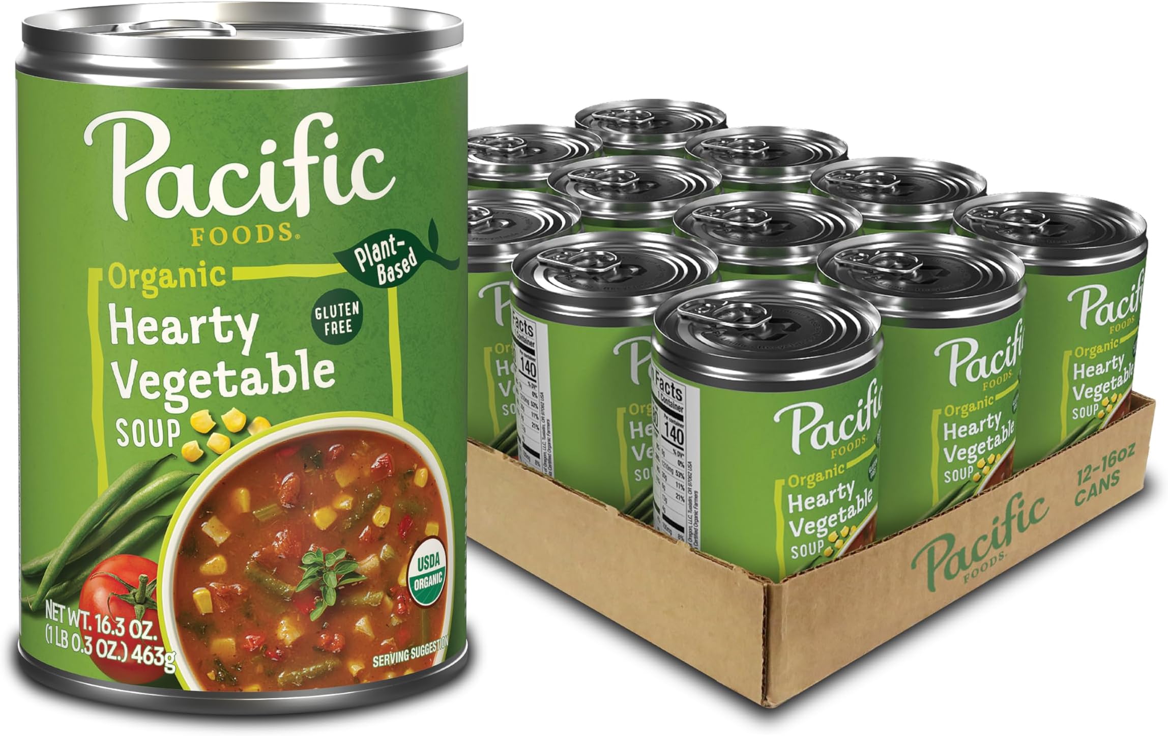 Pacific Foods Organic Hearty Vegetable Soup, Plant Based, 16.3 oz Can (Pack of 12)