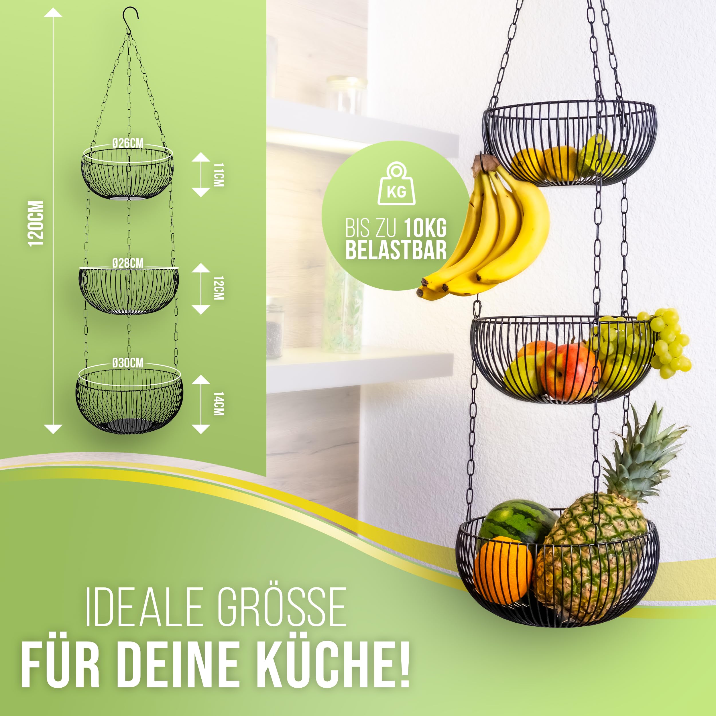 Hangende fruitmand, Opbergmand onder de plank, Aan de muur
