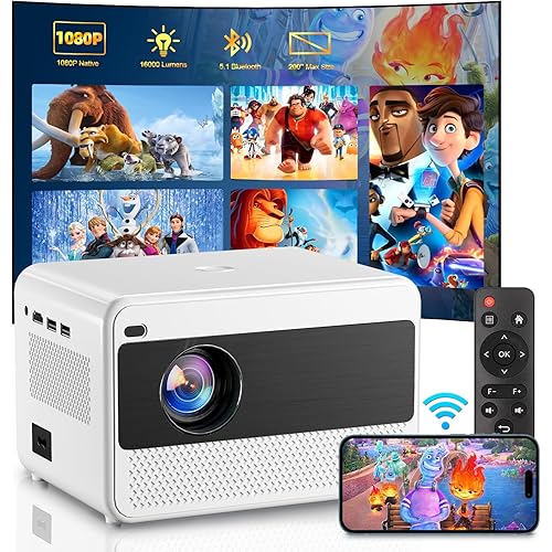 Video Projector with 5G WiFi and Bluetooth 5.1, Native 1080P Home Projector with Speaker, 16000LM Outdoor Movie Projector, Max 200" Compatible with iPhone / Android / TV Stick / Laptop / HDMI / USB