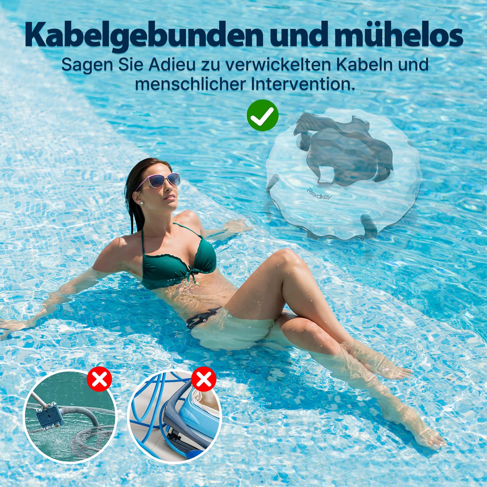 Redkey Upgrade S100 Poolroboter Akku, Akkulaufzeit 200 Minuten,Max Steigung 18°,Selbstparkend, Automatische Poolreiniger Kabelloser, Poolreinigungsroboter,Geeignet für Flache Pools bis zu 120 m²