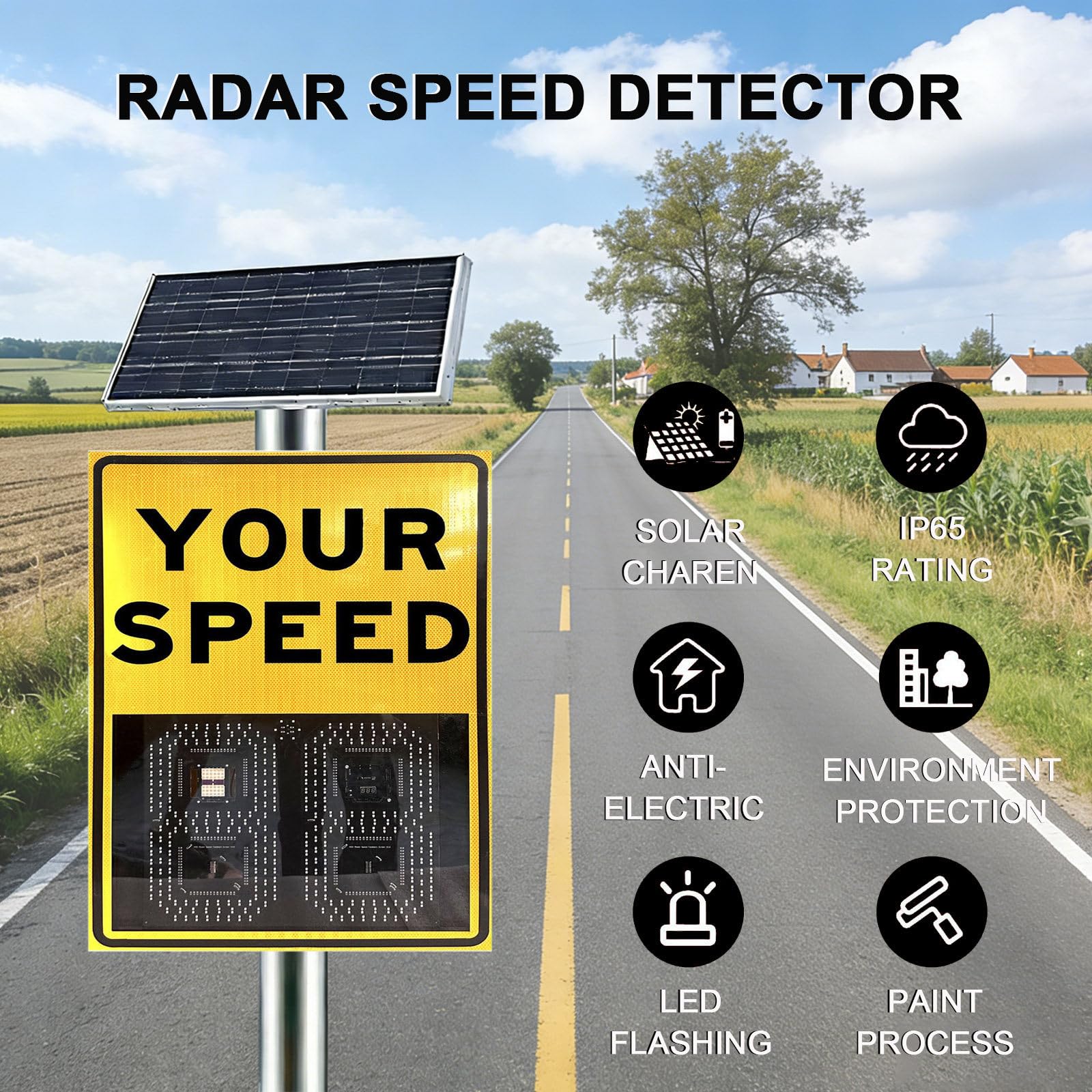Señal de Velocidad de Radar alimentada por energía Solar de bajo Mantenimiento y Detector Digital de Radar de tráfico con Control Remoto, con señales LED Aluminio IP65 duraderas Yellow