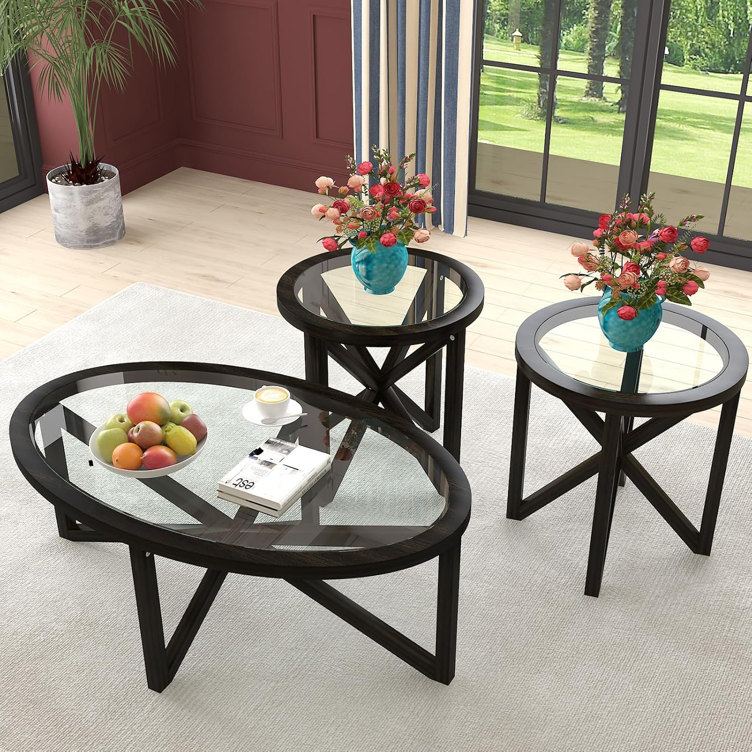 Amazon.com: HMFULE 3-Piece Round Coffee Table Set, 1 Coffee Table & 2 ...