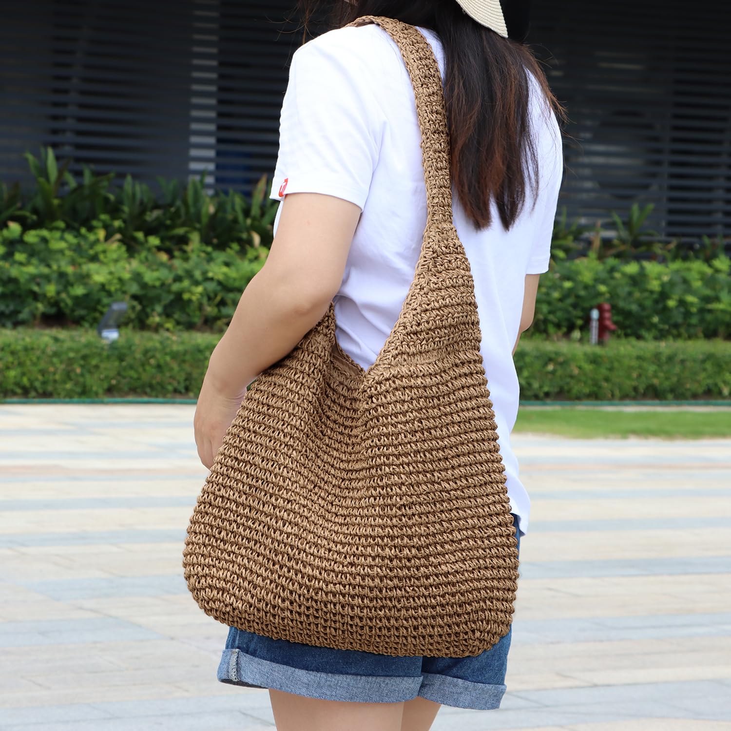 Bolso Tote de Paja Bolso de Hombro de Playa de Verano para Mujer, Monedero Informal Tejido a Mano de Gran Capacidad