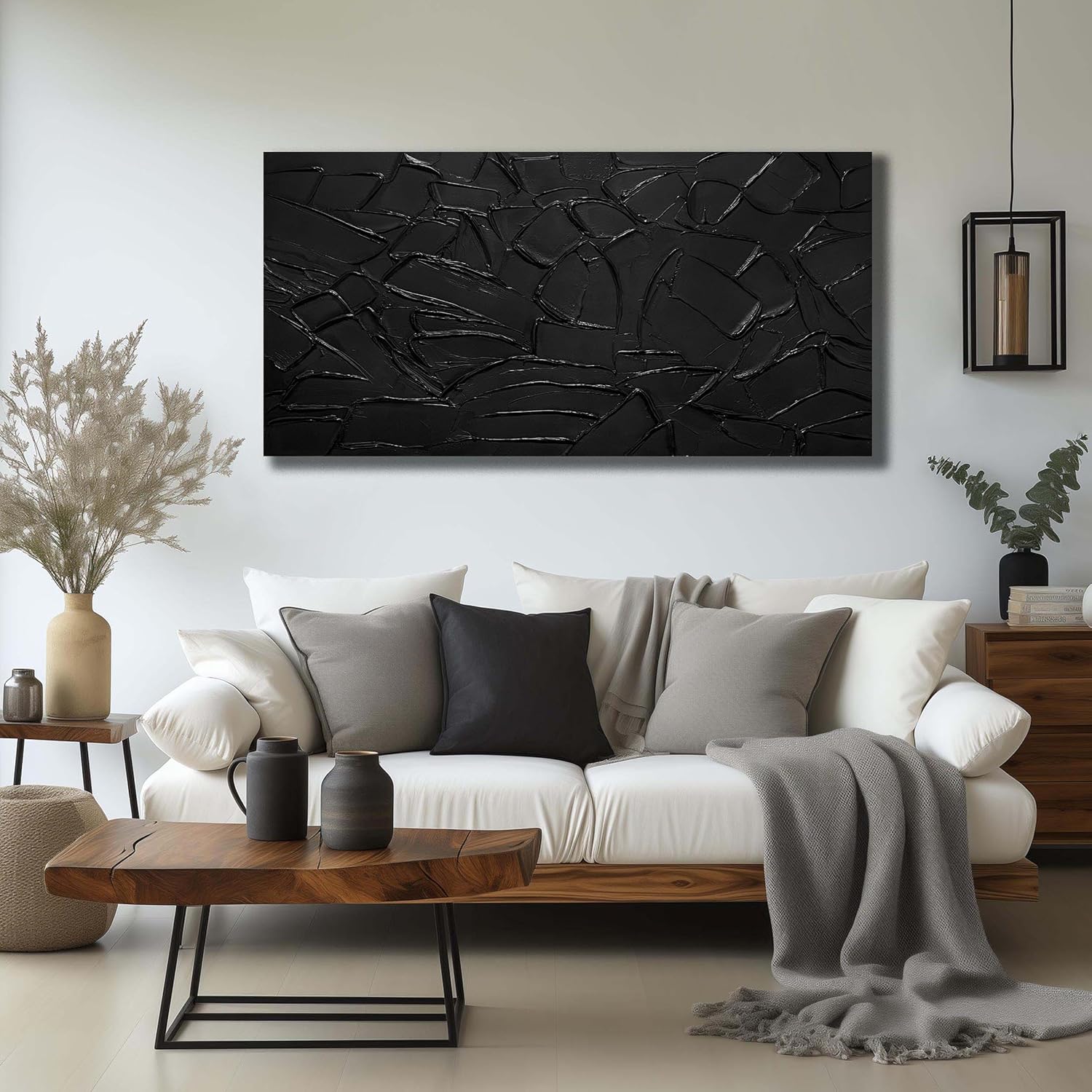 SKYRISE Large Hand Painting 3D Textured Canvas Wall Art for Living Room, Neutral Abstract Black Minimalismt Painting Handmade Picture Artwork Wall-Decor for Bedroom Office, Size 47x24 inches