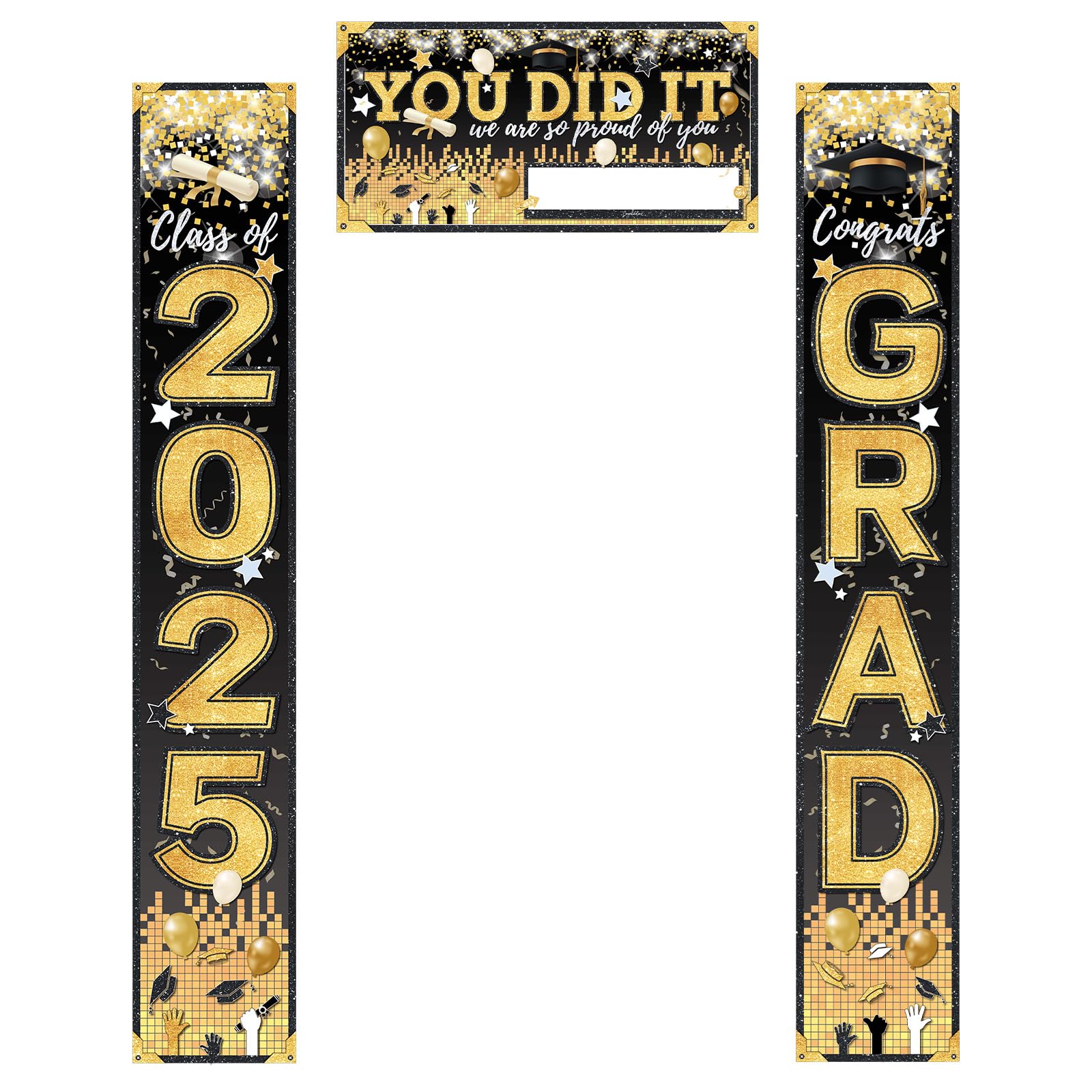 3pcs 2025 Graduation Banners DIY, Congrats Grad Door Banners Class of 2025 You Did It Grad Backdrop Porch Sign Commemorative Photo Props for College Graduation Party Decorations(Black & Gold)