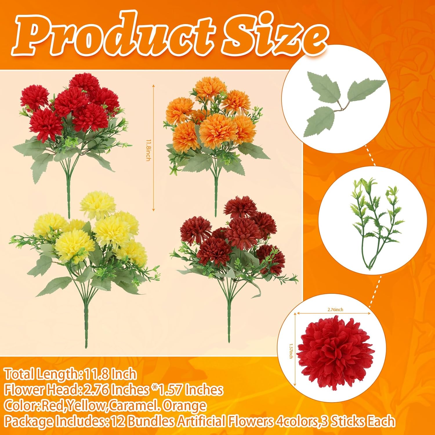 12 Pack with 84 Flower Heads Artificial Chrysanthemum Flowers, Fall Floral Decor for Indoor Outdoor, Porch, Patio, Front Yard, Planters