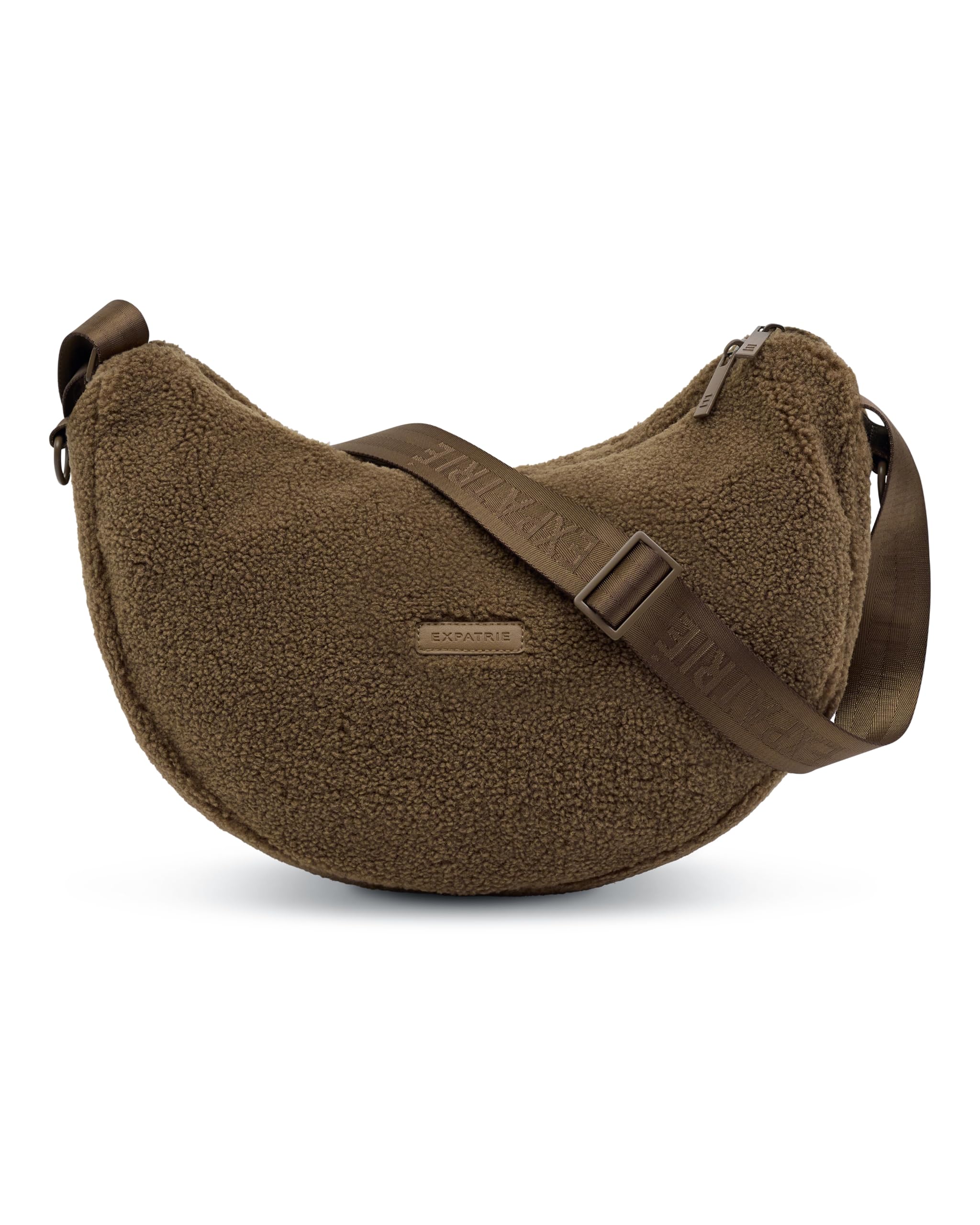 Expatrié Moon Bag Damen - Leni - Weiche Teddy Crossbody Bag - Umhängetasche im Halbmond Style - Mit verstellbarem Gurt und D-Ringen zur Befestigung am Kinderwagen