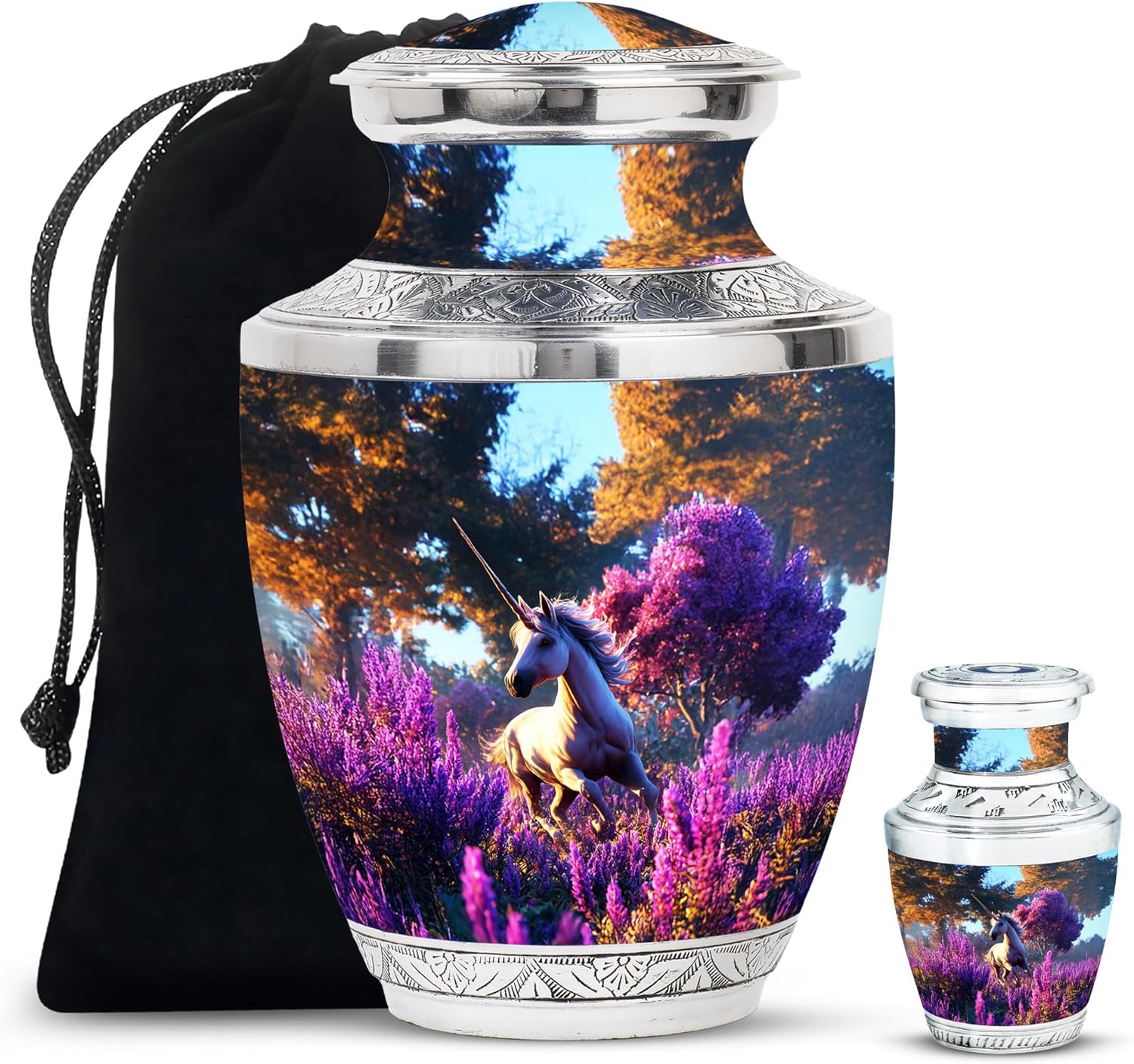 Unicorn Large Funeral Urns for Ashes Adult Female Men and Women - Blue Urns for Human Ashes for Mother - Lavender Ash Keepsake - Ash Urn for Human Remains 3 Inch & 10 Inch Set