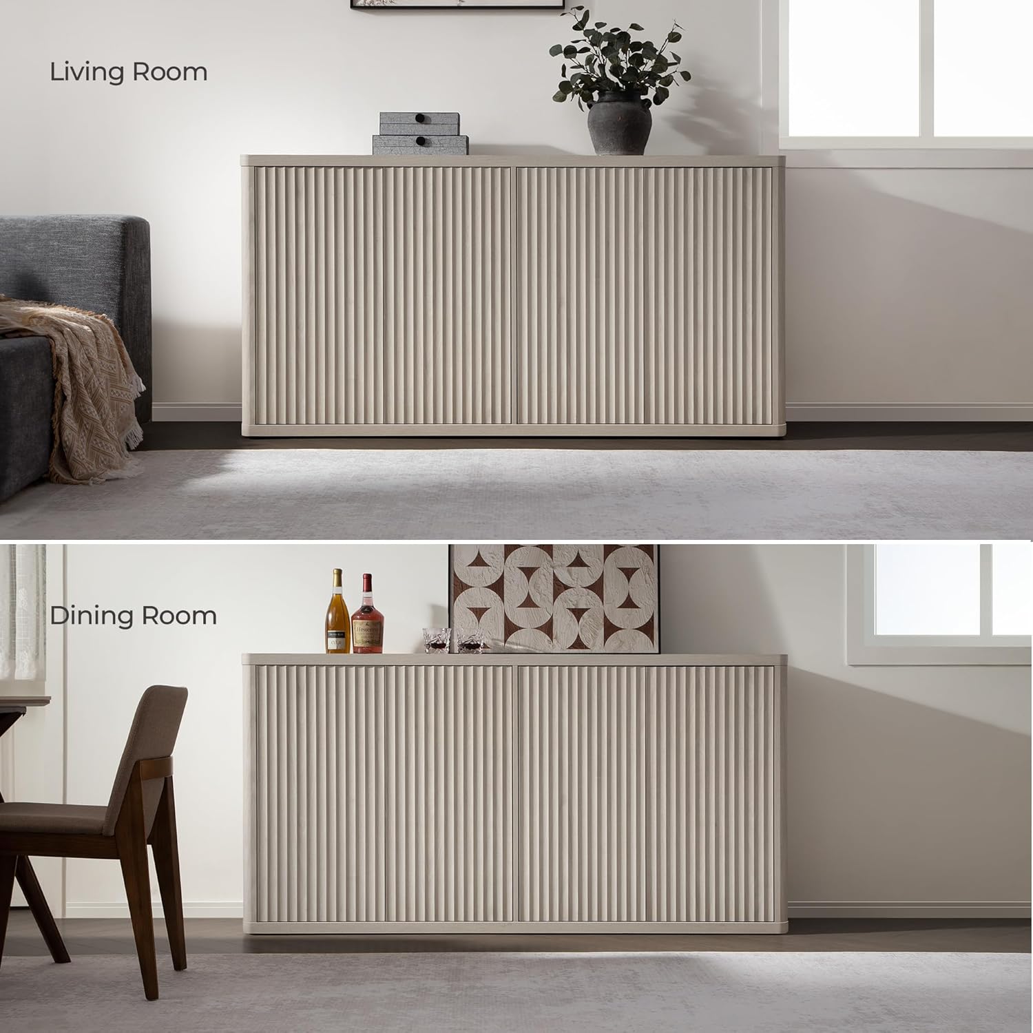 SICOTAS Buffet Cabinet with Storage Accent Sideboard with 4 Doors 66.3" Wide Fluted Credenza Modern Buffet Table Media Console Cabinet Entryway Cabinets for Living Room Kitchen Dining Room Hallway White Alder 1 Piece