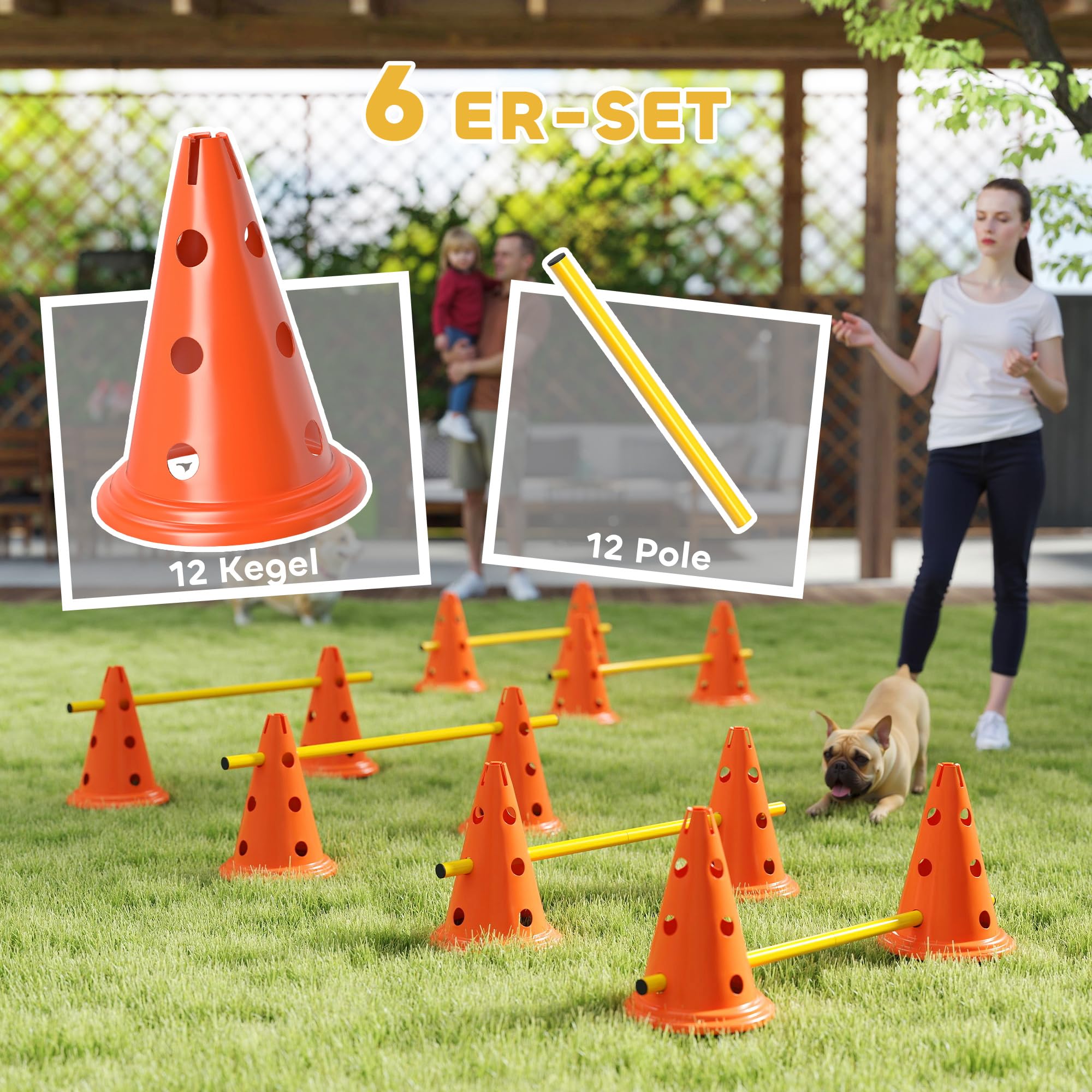 PawHut Set Agilidad Perros 6 Piezas Equipo 12 Conos Naranja | 6 vallas de altura ajustable, bolsa transporte, set entrenamiento para perros