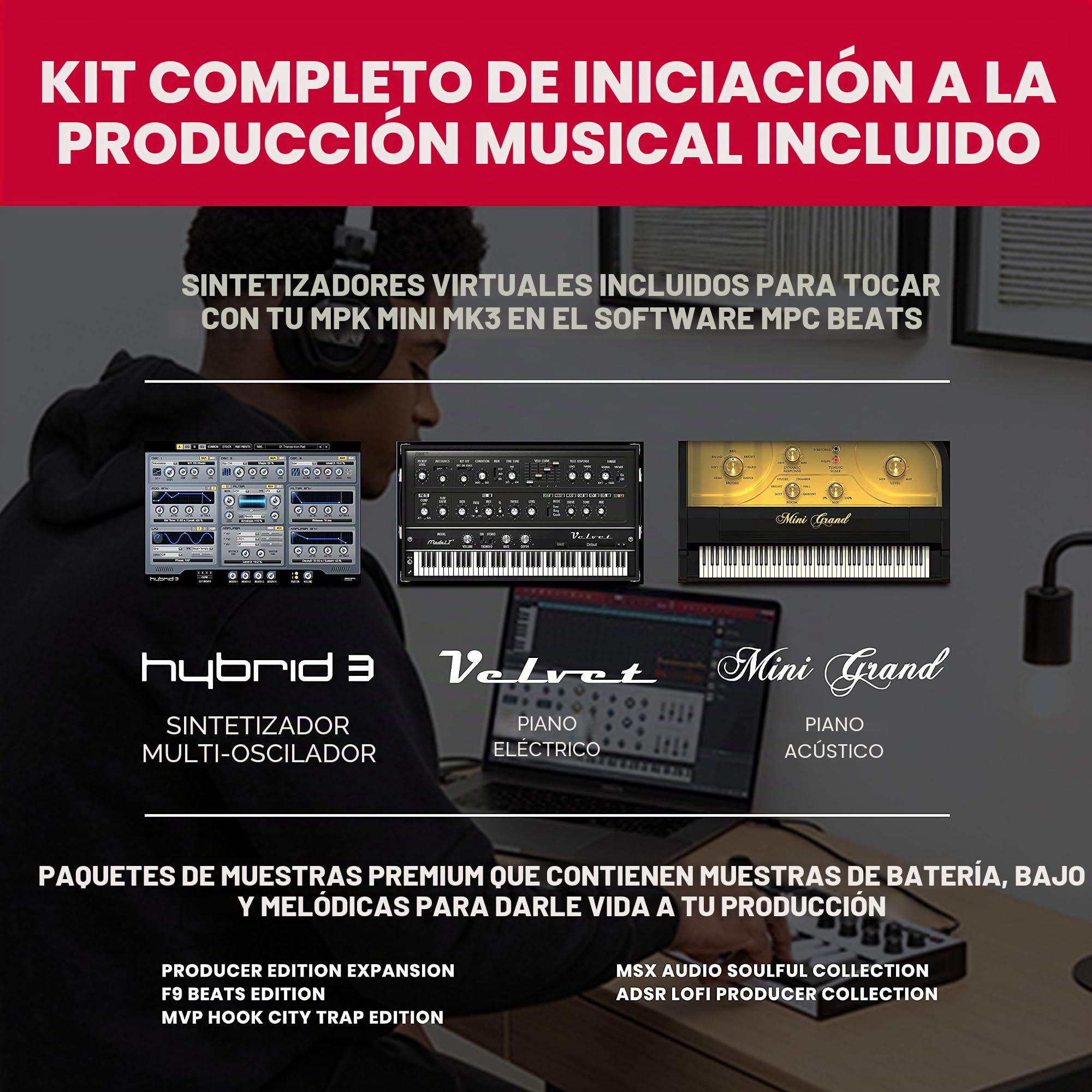 Akai Professional MPK Mini MK3 White + M-AUDIO SP-2 - Teclado controlador MIDI USB con 25 teclas, 8 drum pads y software + Pedal de sustain