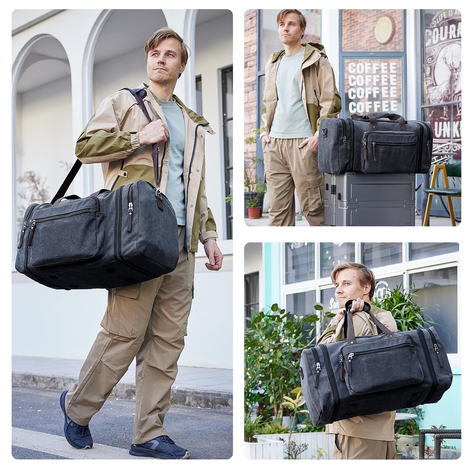 Erweiterbare Reisetasche 70L, Große Sporttasche Herren Damen, Robuste Stofftasche für Reisen, Fitness und Business, Handgepäcktasche (Dunkelgrau)