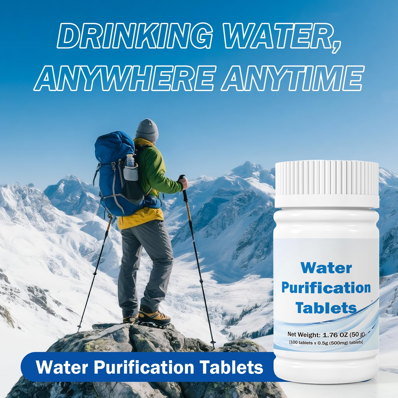 Compresse per purificazione dell'acqua da 500 mg (100 pezzi) – Trattamento dell'acqua di emergenza per campeggio, sopravvivenza e viaggi – Formula NaDCC senza iodio, nessun retrogusto chimico