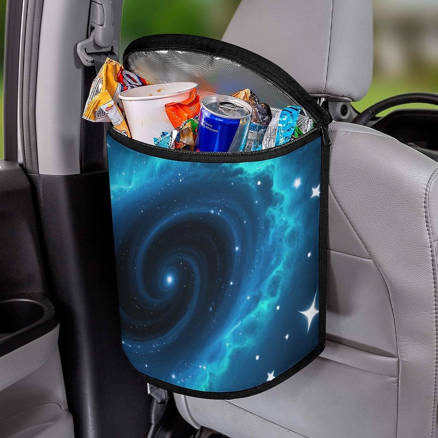 MUSM Leakproof Car Trash Can 2.5 Gallon, Durable Automotive Garbage Bag with Waterproof Liner, Galaxy Trash Bag for Car, Truck, RV & Bathroom