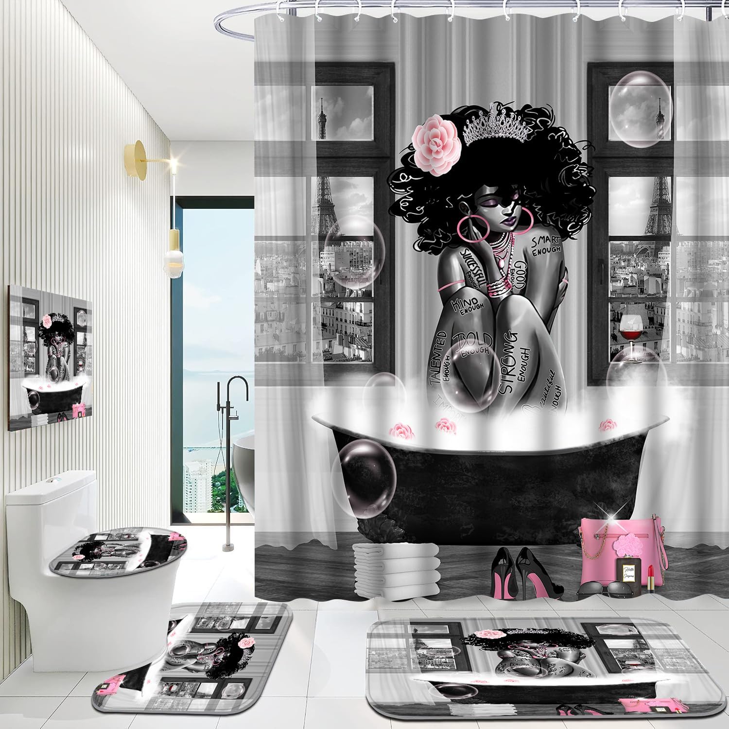 4Pcs African American Shower Curtain Sets with Rugs, Black Girl Shower Curtain for Bathroom Decor Sets with Paris Eiffel Tower Art Pattern, Grey Waterproof juego de baño, with 12 PCS Hooks