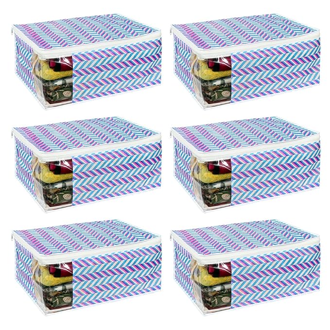 PrettyKrafts Set of 6 Non-Woven Printed Foldable Saree Covers/Wardrobe Organizer With Transparent Window And Zip/Clothes Storage Bag For Women's Lehenga, Suit Saree & Other Accessories, (Arrow Blue)