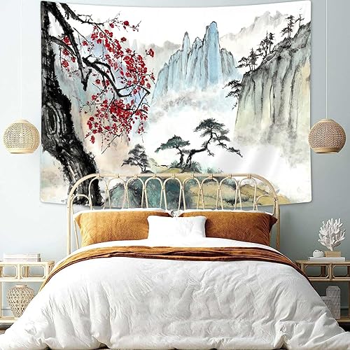 Miniatura 4 de Bcsewcg Arte de pared de anime asiático con flor de cerezo, tapiz de paisaje natural para dormitorio, sala de estar, decoración del hogar (65 x 60