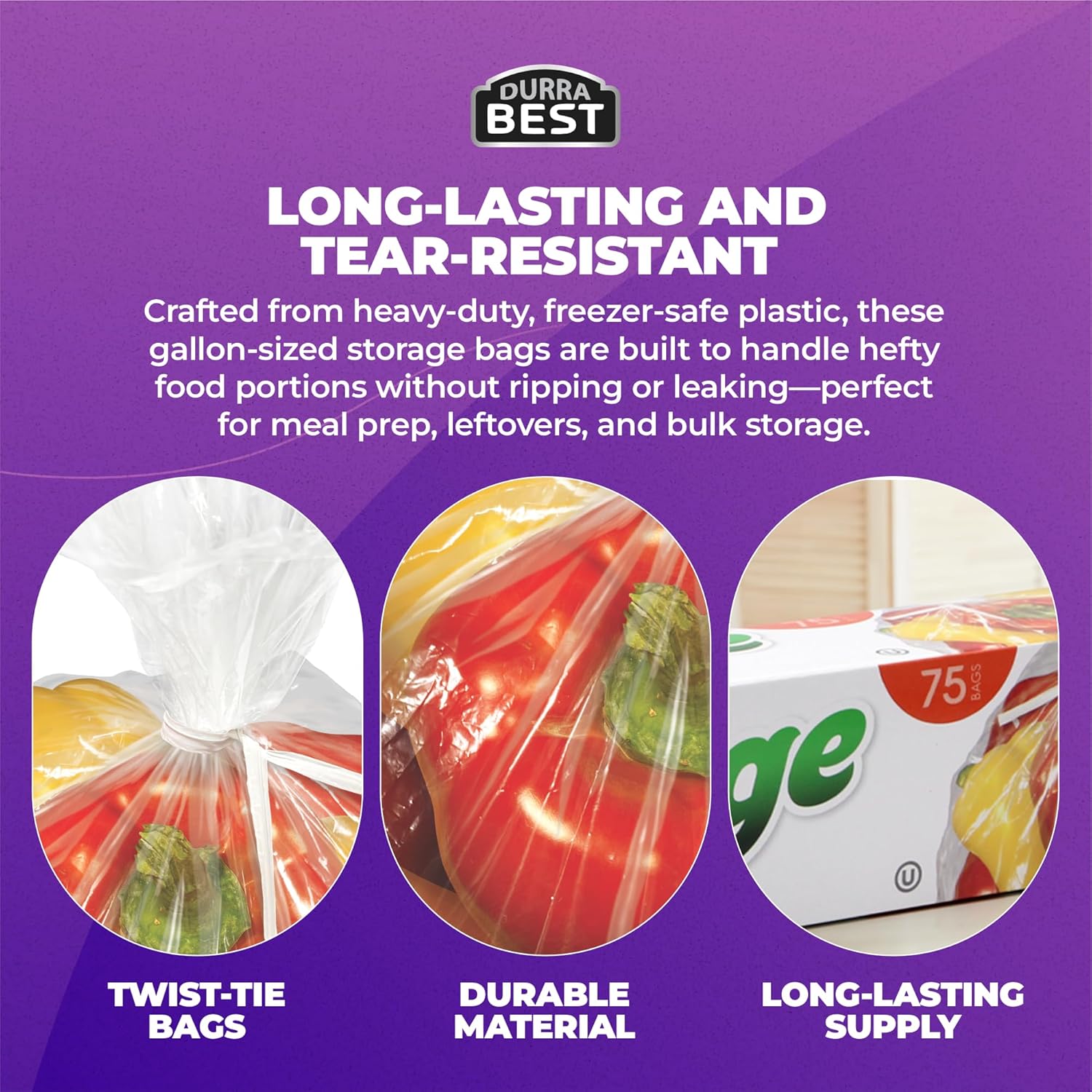 DURRA BEST. 1 Gallon Food Storage Bags with Twist Ties, 1800 Count, Disposable Plastic