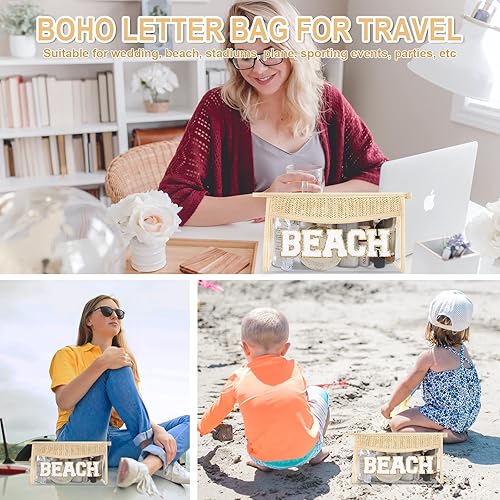 Miniatura 6 de Iqimott Bolsa de maquillaje transparente con parches bohemios, bolsa de maquillaje con cremallera impermeable, bolsa de aseo, Playa-Beige