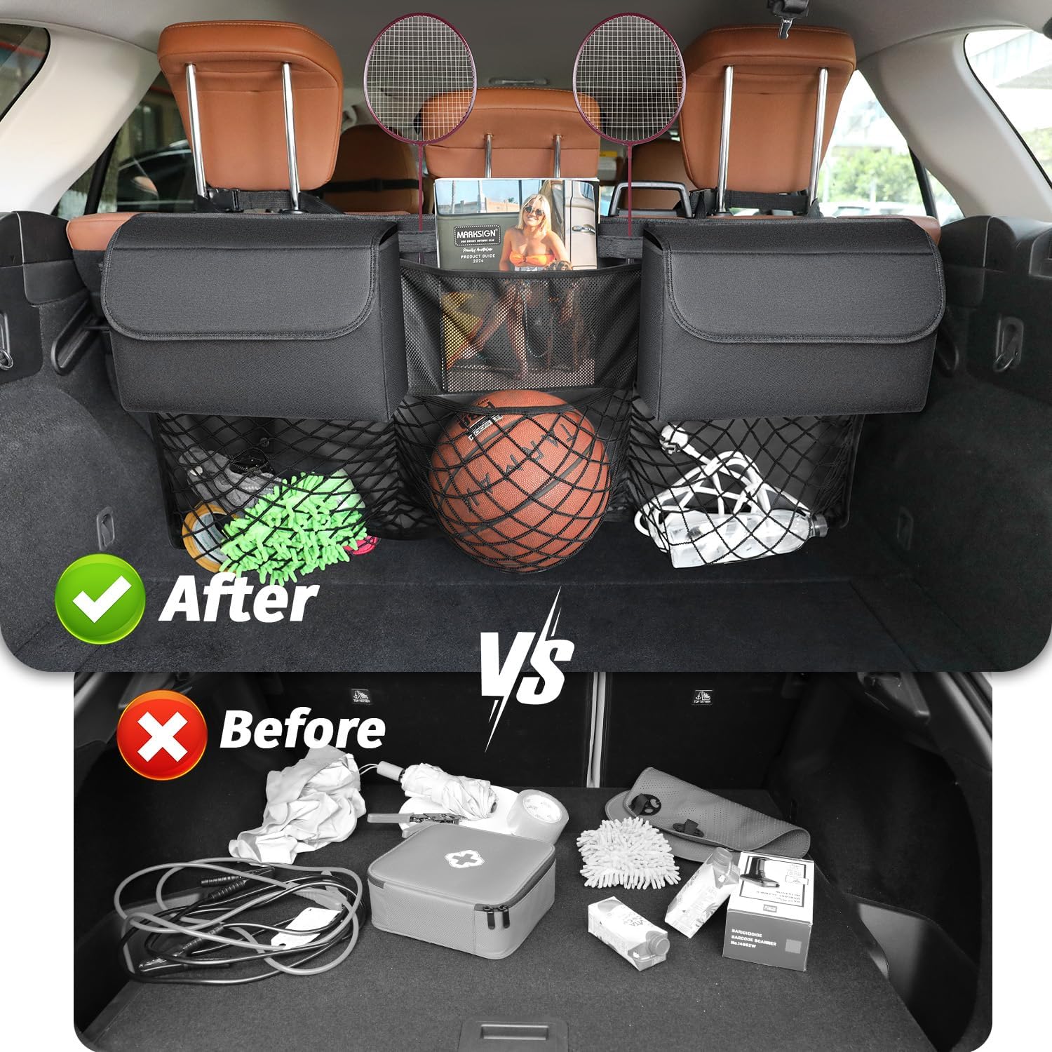 Deluxe Trunk Organizer for Car Small SUV, Backseat Hanging Trunk Organizer, Waterproof Collapsible Car Storage Bag with 6 Pockets, Reinforced No-Sag Design (Black)