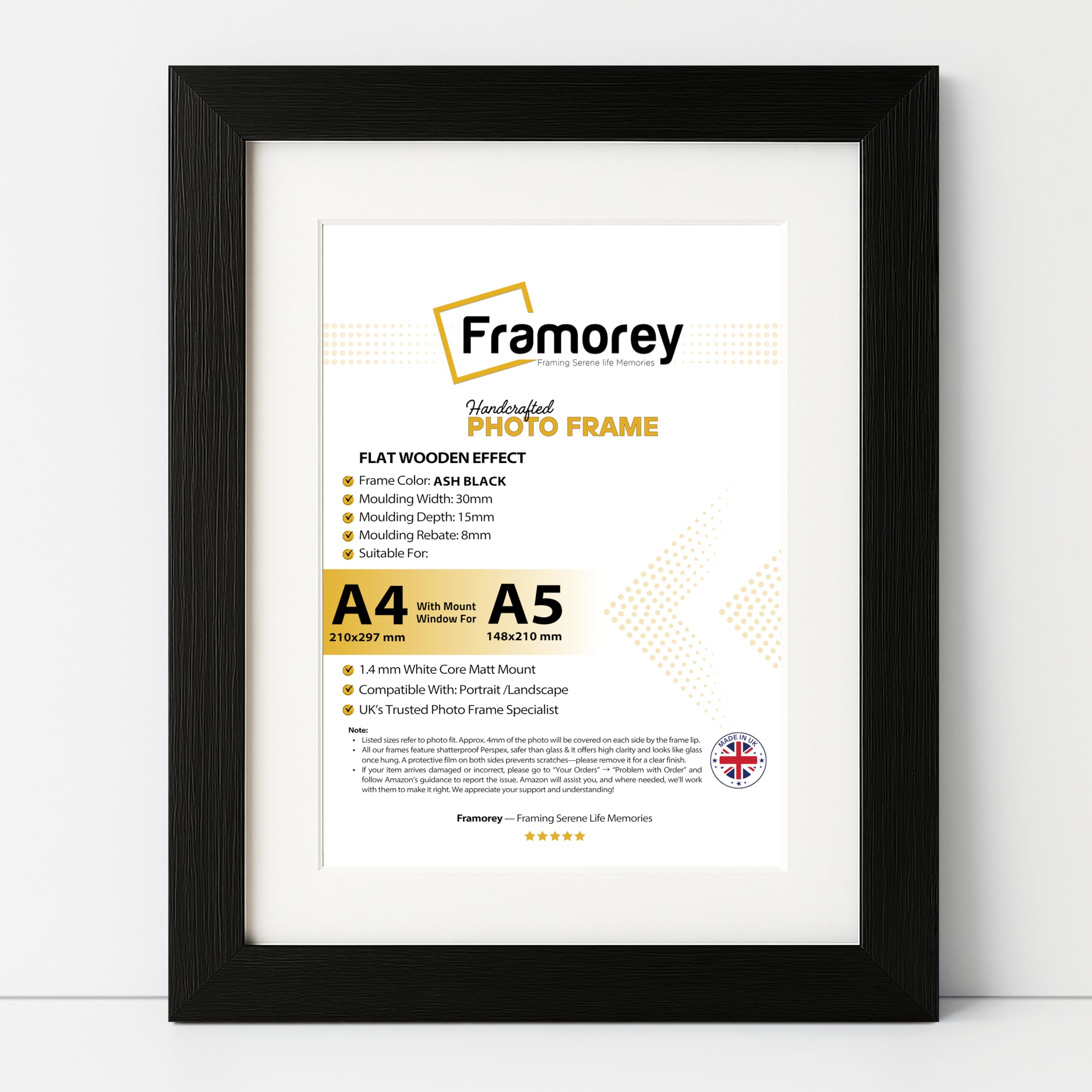 Framorey Framing Serene Life Memories Black With White Framorey A4 Black Picture Frame, Engineered Wood And Plexiglass, A4 Frame With Mount For A5 Prints, Photos, 21X30 Cm Wooden Photo Frames, Certificate Frame For Wall Mount, For Table Decoration