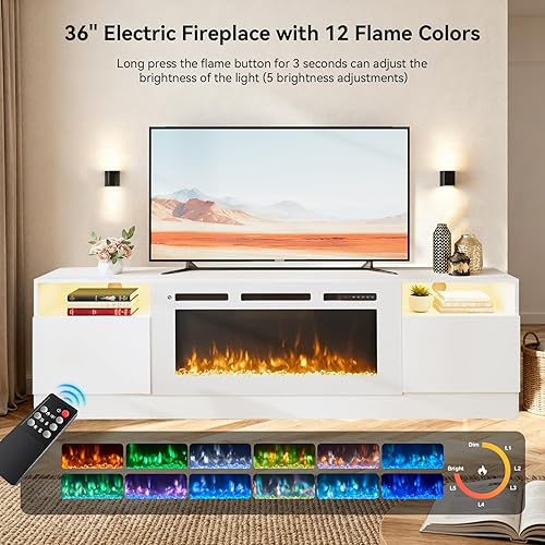 Miniatura 2 de Soporte de TV de 70 pulgadas con chimenea eléctrica de 36 pulgadas, gran centro de entretenimiento moderno con armario de almacenamiento y luces LED