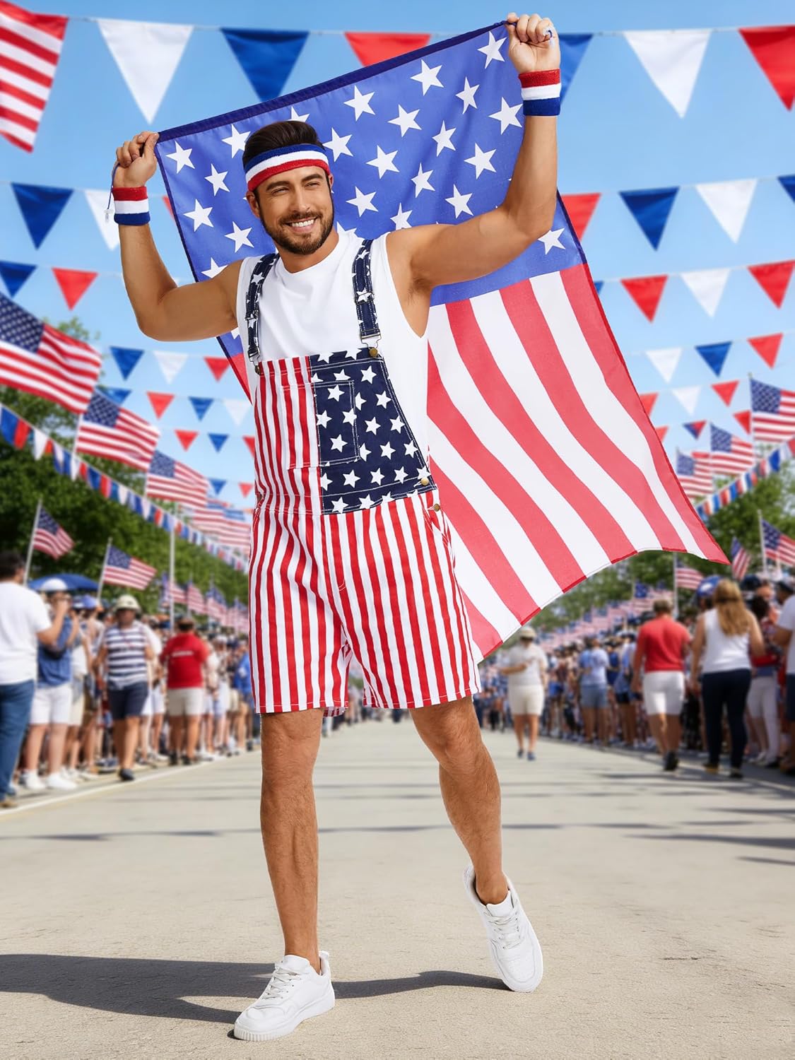 Ultrafun Mens American Flag Overalls, USA Cape, Sweatband & Wristbands, 4Pcs 4th of July Outfits for Independence Labor Day
