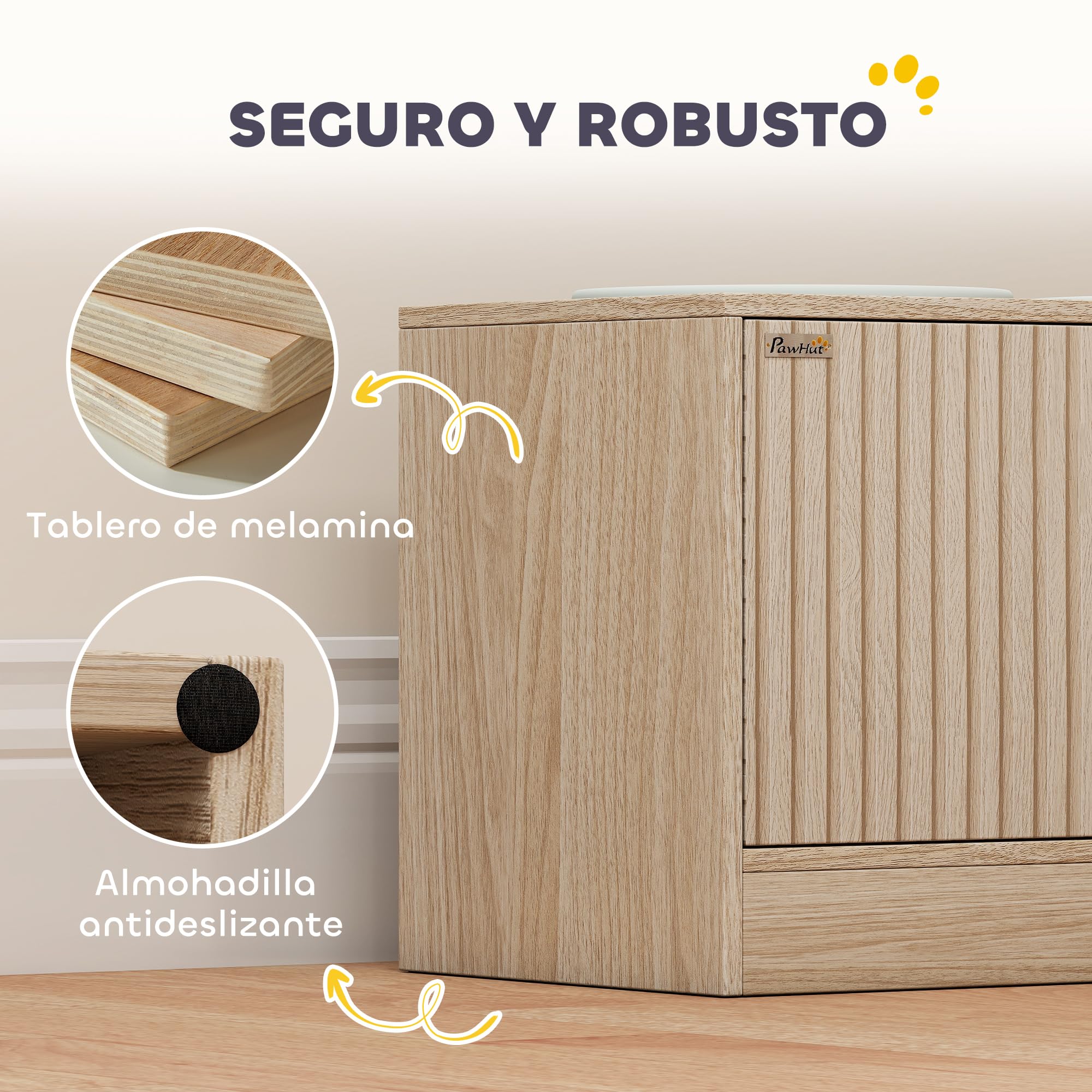 PawHut Comedero Perro Elevado con 2 Cuencos de Acero Inoxidable 2x2000 ml Comedero Lento para Perros Grandes con 2 Puertas, Almacenamiento Oculto, Anillos Antideslizantes, Cuencos Elevados, Roble