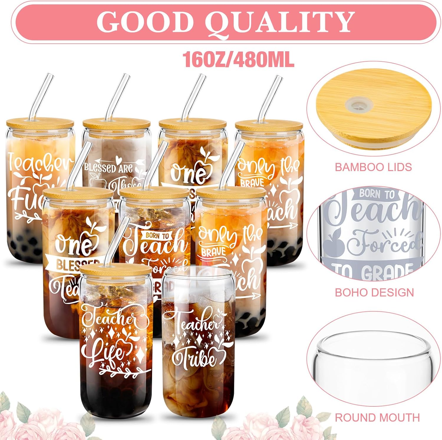 Maxcheck 27 Pcs Teacher Appreciation Gift Set Christmas Teacher Gift Bulk 9 Pcs 16oz Glass Cups with Lid Straw 9 Rainbow Makeup Bag 9 Keychain for Christmas(Classic Style) - Image 3