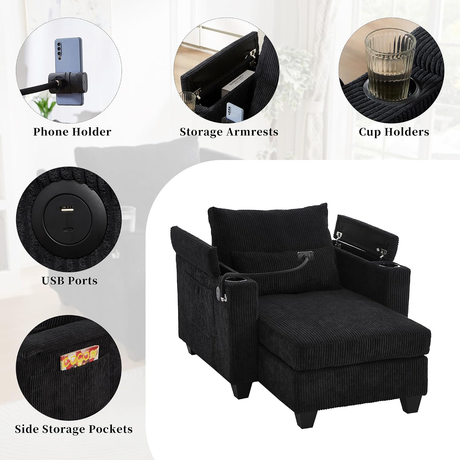 P PURLOVE Convertible Chaise Lounge Sofa Chair with USB Ports and 2 Cup Holders, Sofa Bed Corduroy Sleeper Sofa with Phone Holder and Ample Storage Space for Living Room and Bedroom (Black)
